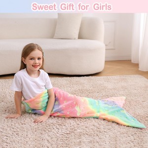 ผ้าห่มหางนางเงือกเรืองแสงในที่มืด ลายยูนิคอร์น ของขวัญสำหรับเด็กผู้หญิง ผ้าห่มขนแกะฟลานเนล ลายเกล็ดปลาสีรุ้ง - Product Image 2