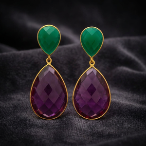 Boucles d'oreilles artisanales en laiton avec pierres précieuses saphir, plaqué bronze antique, style ethnique bohème - Product Image 3