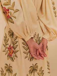 Women's Vintage Retro Floral Embroidery Slim Elegant Breathable <b>Linen</b>/Cotton Long Sleeve Top & Long Skirt 2-Piece <b>Set</b> - Product Image 3