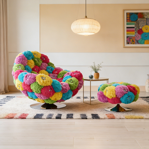 Fauteuil pivotant en forme de baril, multicolore et vibrant, avec revêtement en fourrure, idéal comme accessoire de photographie esthétique, pour l'aménagement de <span class=keywords><strong>boutique</strong></span> ou comme canapé lounge original. - Product Image 6