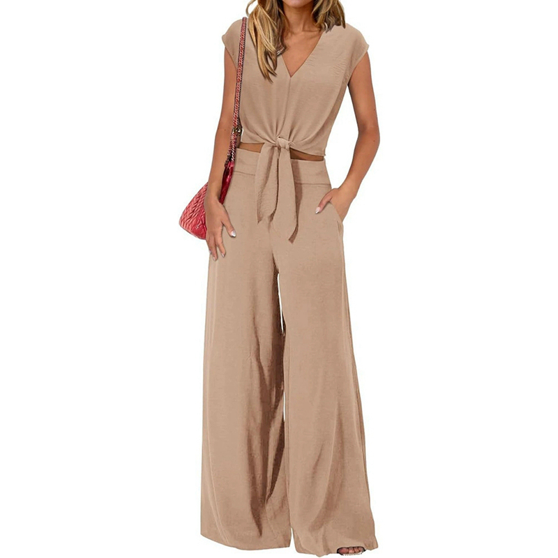 Channel Women's Summer Matching 2 Piece Outfits 2025 Casual Cap Sleeve V Neck Belted Cropped Tops Tie Waist Wide Leg Pant Sets · image 3