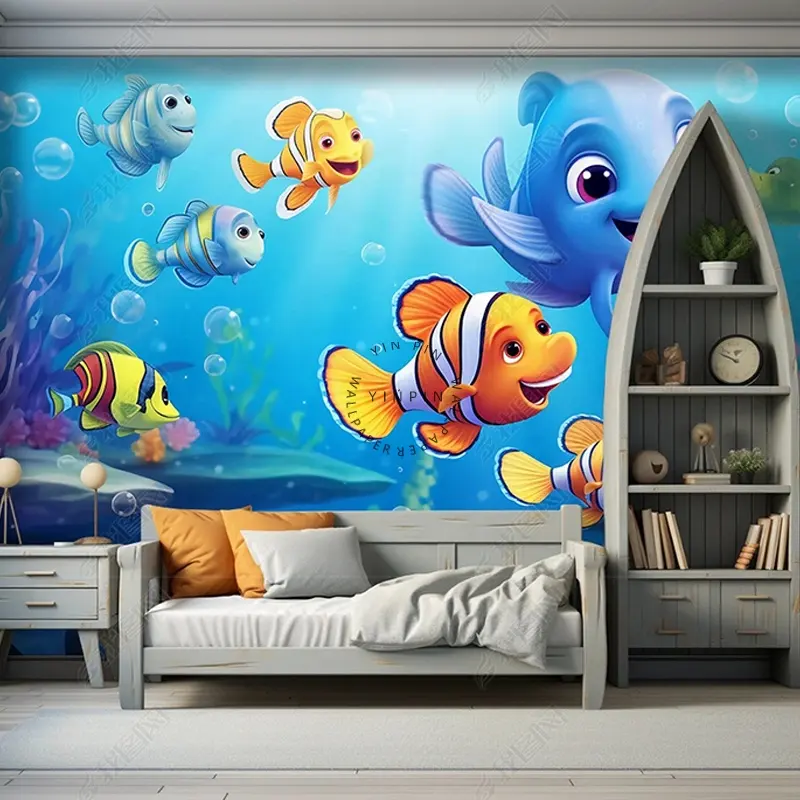 Kertas dinding 3d perekat dinding bawah air kartun untuk kamar anak-anak