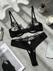 Conjunto de Lencería Sexy con Bordado Floral y Malla Transparente, Sujetador Push-Up y Braguita, Lencería Íntima para Mujer - Product Image 4