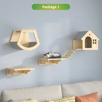 Structure murale pour chat en bois massif, plateforme de saut, griffoir, arbre à chat mural peu encombrant