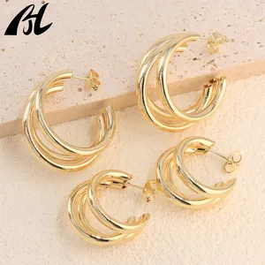 Fashion 3 Row Circle Gold Glossy Hoop Earrings C Shaped Earrings Triple Minimalist Hollow Round Tube Multilayer Hoop Earrings