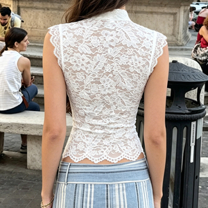 Women's <b>White</b> <b>Lace</b> Mandarin Collar Crop Top Sleeveless Chinese Knot Button Sheer Top Summer Fashion Casual Tank Top 2026 - Product Image 2