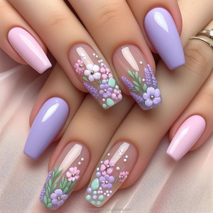 Juego de 24 <span class=keywords><strong>Uñas</strong></span> Acrílicas Encantadoras en 3D con Diseño de Flores <span class=keywords><strong>Moradas</strong></span>, <span class=keywords><strong>Uñas</strong></span> Artificiales Francesas a Presión - Product Image 1