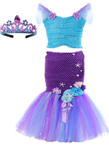 Costume da Sirena in 2 Pezzi, Top con Paillettes e Tulle, Outfit per Bambini per Feste di Compleanno e Cosplay, Costume da Piccola Sirena con Fascia per Capelli - Product Image 2