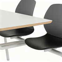 Table rectangulaire blanche design moderne 4 places, chaises en plastique noir, pieds en métal, chaises et tables de restaurant