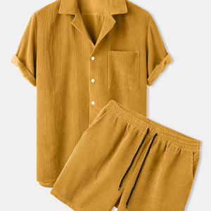 Setelan Kemeja dan Celana Pendek Rajut Korduroi Poliester Dua Potong untuk Pria, Gaya Kasual Eropa & Amerika, Bahan Bernapas, Warna Solid, Cocok untuk Musim Panas - Product Image 2