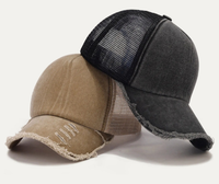 Gorra trucker de malla vintage deportiva con lazo, desgastada y deshilachada, lista para enviar, MOQ bajo