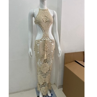 Robe longue maxi en acrylique vert respirant au crochet, style mode été 2024, pour femme, moulante, dos nu, à licou, motif floral, coupe échancrée, sexy et ajourée