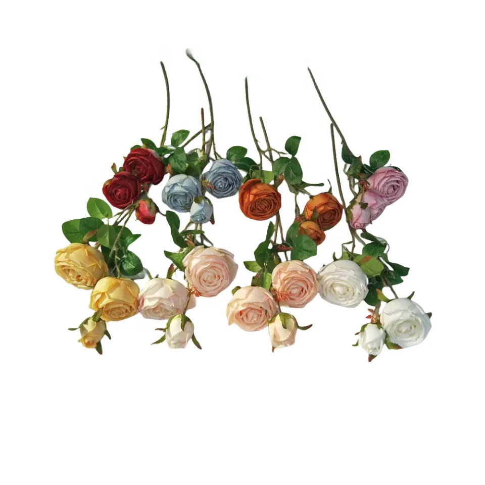 Latest sales 3 Heads single Artificial flower artificial rose branch silk plastic for home hotel wedding decorative rose