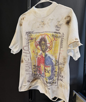 T-shirt beige épais délavé style vintage avec imprimé graffiti et trous usés, effet soleil, coupe ample, streetwear, pour l'été