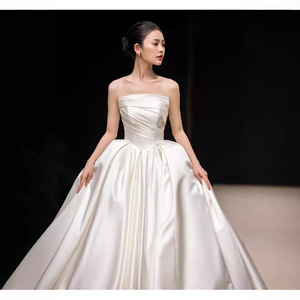 Strapless Satin Wedding Dress Ball Gown Natural Waistline Long Train Simple Style For Brides - Product Image 4