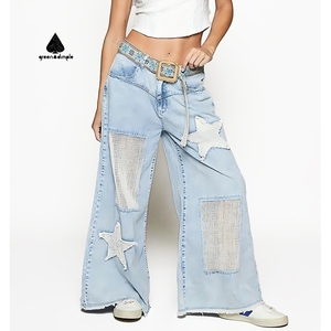 <span class=keywords><strong>Jeans</strong></span> de Mujer de Pierna Ancha y Corte Recto con Lavado Claro y Parches de Estrellas, Diseño Nuevo, Ajuste Holgado, Mezclilla con Parches para Mujer - Product Image 1