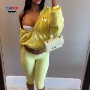Ensembles de loungewear personnalisés pour femmes, ensemble décontracté deux pièces zippé, vêtements pour femmes, sweat à capuche court uni et leggings, tenue de sport printemps - Product Image 5