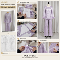 Ensemble deux pièces pour femmes en satin violet clair, avec poignets en plumes, vêtements de détente, vêtements de nuit, fabrication sur mesure, étiquette privée OEM
