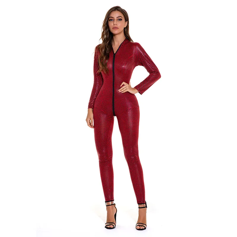 CATSUIT de 2 vías con cremallera para mujer, catsuit ajustado de cuero de vinilo en negro y rojo