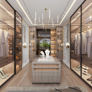 BALOM Armoire moderne de luxe personnalisée avec façade en verre, portes coulissantes, îlot de présentation de bijoux, éclairage LED, mobilier de maison - Product Image 1