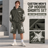 Ensemble sweat à capuche zippé et short en molleton éponge pour homme, avec motif étoile sérigraphié personnalisé, idéal pour un style urbain décontracté