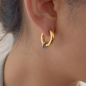 C-Shaped <b>Huggie</b> Earrings Stainless Steel Gold Tone With <b>Silver</b> Ring Detail Fashion Hoop Earrings - Product Image 2