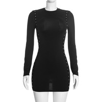 Z4070 - Robe Courte Moulante Femme à Manches Longues avec Œillets et Lacets Latéraux Froncés, Style Y2K, pour Soirées et Clubs, Coupe Slim