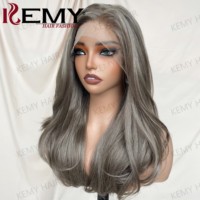 KEMY HAIR Perruque Lace Frontale Synthétique Luxe Gris Brun Haute Qualité Courte pour Femme 1 Perruque 3 Styles : Ondulée Naturelle, Lisse, Bouclée Crépue