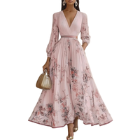 Robes de vacances imprimées à manches longues en mousseline de soie florale pour femmes, col en V, taille froncée, tailles S-3XL, tendance