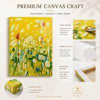 Peinture abstraite de jardin jaune ensoleillé, marguerite blanche, tiges vertes, coups de pinceau gestuels, impasto, peinture à la main sur toile, décoration murale