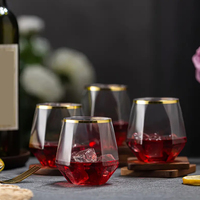Verre à vin en plastique avec bord doré et logo personnalisé, sans MOQ, 12 oz, coupe à cocktail transparente sans pied effet diamant pour mariage, bar, restauration