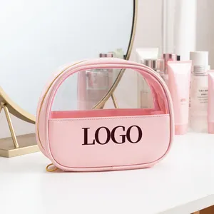 kundenspezifisches logo modisch rosa pvc kunststoff durchsichtig klar reißverschluss kinder reise waschen toilettentasche make-up kosmetikbeutel mit reißverschluss