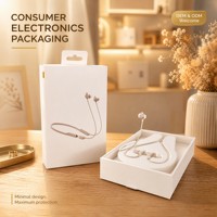 Caja de embalaje rígida personalizada para auriculares con lengüeta colgante e inserto de plástico moldeado, caja para auriculares Bluetooth con banda para el cuello, blanco mate