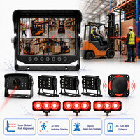 Système de caméra pour chariot élévateur 7 pouces avec caméra latérale, guide laser, IA BSD, 3x AHD 1080P, IP68, feux d'avertissement LED, kit buzzer, DC 12-36V