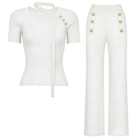 Nouveautés OUDINA - Ensemble deux pièces pour femmes, hauts en tricot à manches courtes avec boutons et ruban, couleur unie, élégant, pantalon décontracté