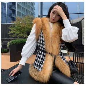 High Quality Real Fox Fur Coat Plaid Wool Pea Coat Women Luxury Cashmere Outerwear