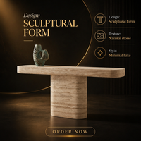 Table console minimaliste italienne en travertin beige naturel, table d'entrée de luxe en pierre à bords arrondis avec base sur piédestal