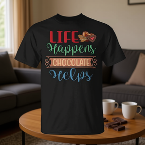 T-shirt Life Happens Chocolate Helps, abbigliamento promozionale unisex per adulti, girocollo, manica corta - Product Image 4