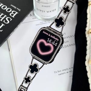 <span class=keywords><strong>Bracelet</strong></span> de montre noir et or style trèfle à quatre feuilles, en métal, incrusté de diamants, avec boucle à bouton-pression - Product Image 2