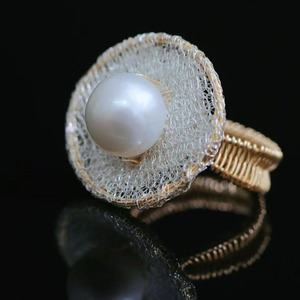 wholesale Handmade Italian Mesh Lace Pearl <b>Ring</b>, USA Imported 14K Gold Filled Natural Freshwater Pearl Adjustable Statement <b>Ring</b> - Product Image 4