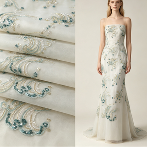 Tissu <span class=keywords><strong>en</strong></span> organza 3D brodé de nuages porte-bonheur, avec sequins et perles, <span class=keywords><strong>en</strong></span> maille de polyester, pour Hanfu, mariage chinois, Lolita, garçons et enfants - Product Image 1