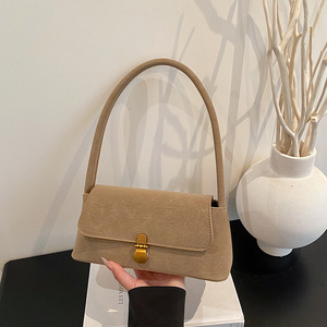 Minimalist Faux Suede Shoulder Bag With Gold Lock Closure Single Handle Brown Women's <b>Handbag</b> Daily Use All Seasons - Product Image 4