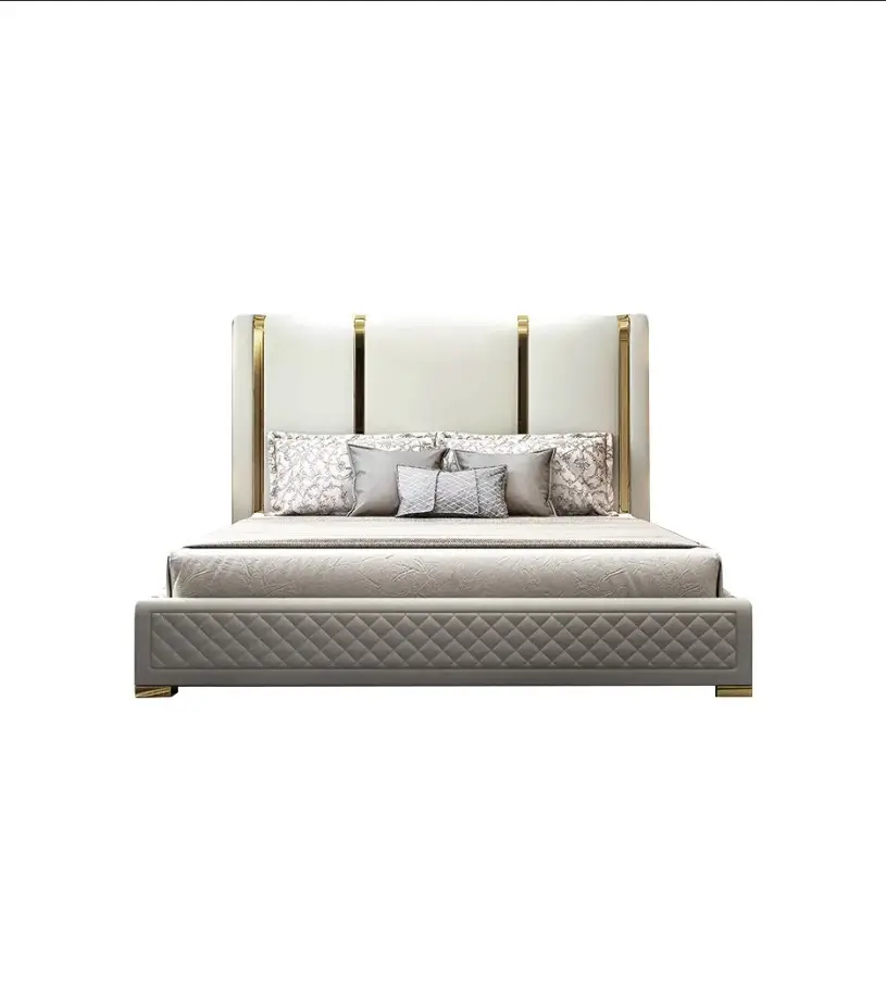 Modern polished gold and faux leather headboard Included upholstered king bed