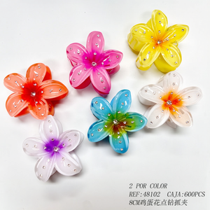 Fermaglio per capelli a forma di fiore d'uovo da 8 cm in plastica con strass, accessorio per capelli colorato e alla moda per donna - Product Image 3