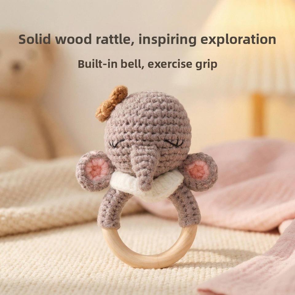 Newest Hand-Crocheted Plush Elephant Rattle with Wooden Ring Baby ...