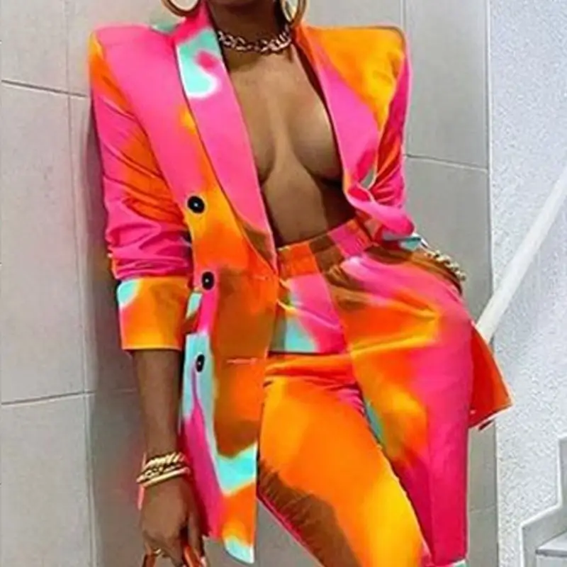 2023 Double-breasted clothing Pink two-piece Pocket women's jacket and pants Tie-dye long-sleeved suit suit jacket suit