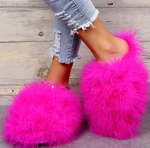 Winter new Baotou long fluffy home slippers female flat large size indoor slippers fluffy mop