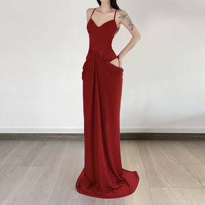 Robe de soirée formelle à col licou, style corset, avec découpes latérales et fente haute, sexy, à sequins, dos nu, lavable, respirante, longueur ras du sol, coupe droite - Product Image 3