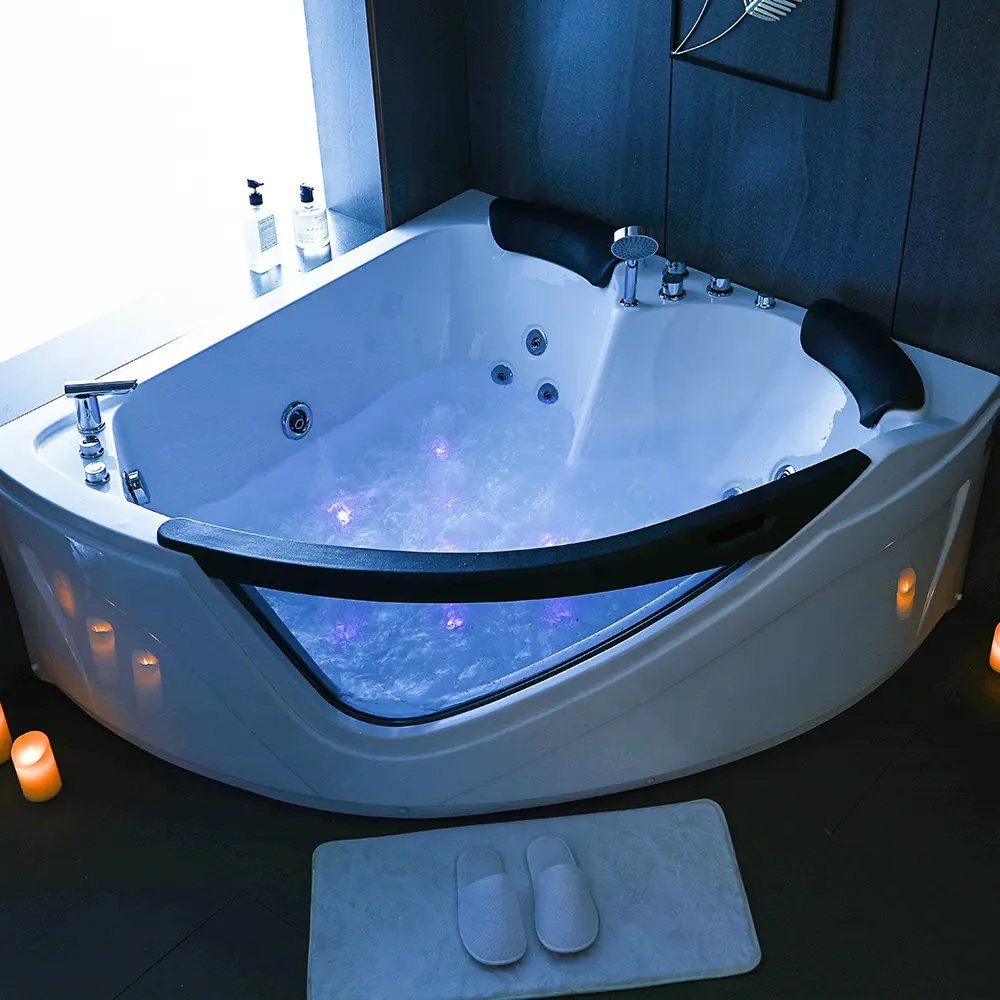 Bañera de hidromasaje con forma de ventilador acrílico, superficie sólida de estilo moderno, económica y de lujo para 2 personas, color blanco