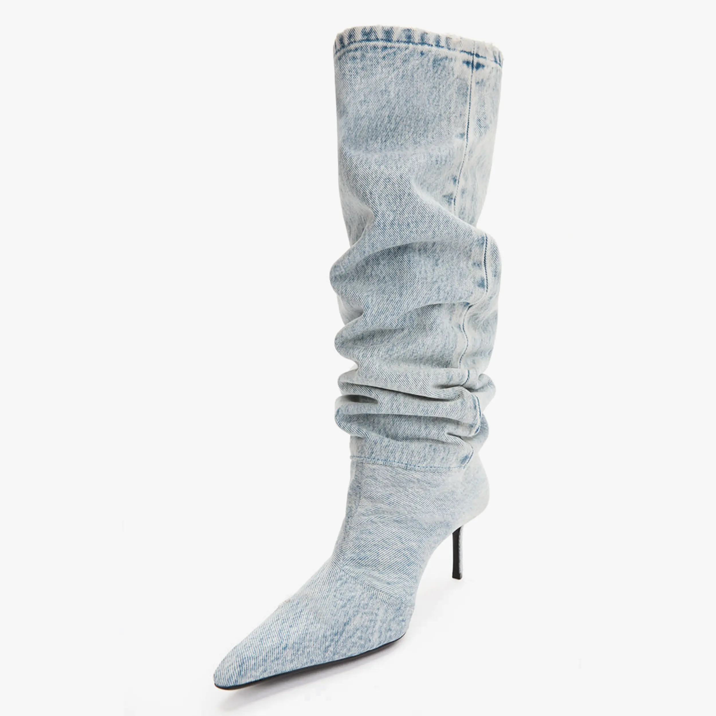 Salto alto feminino jeans, botas femininas de denim com ponta fina stilettos e joelho